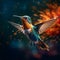 AI generated illustration of a colorful hummingbird in flight, hovering near a vibrant blossom