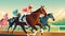 AI generated illustration of colorful jockeys and horses racing around a vibrant track