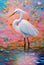 AI generated illustration of a colorful painting of a serene white egret in a tranquil pond