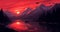 AI Generated illustration of a colorful red sunset with mountains, a lake and natue