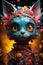 AI generated illustration of a colorful stylized  robotic cat, painted in vivid colors