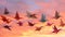 AI generated illustration of a colorful sunset sky with multiple paper birds floating in the air