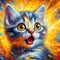 AI generated illustration of a colorful surface with vibrant orange-eyed cat roaring