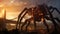 AI generated illustration of a colossal robotic arachnid against the vivid hues of a setting sun