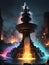 AI generated illustration of a colourfully lit grand water fountain in a public square