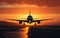 AI generated illustration of a commercial airplane silhouetted against a vibrant sunset sky