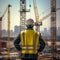 AI generated illustration of a construction worker standing in a foreground of a construction site