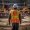 AI generated illustration of a construction worker standing in a foreground of a construction site