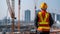 AI generated illustration of a construction worker standing in a foreground of a construction site