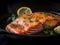 AI generated illustration of a cooked piece of salmon served with a lemon and parsley garnish