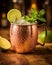 AI generated illustration of a copper Moscow mule cocktail glass with a lime wedge