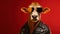 AI generated illustration of a cow wearing a biker jacket and sunglasses