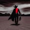 AI generated illustration of a cowboy walking in a desert in a traditional red and black ensemble