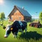 AI-generated illustration of cows grazing on a  field against a wooden barn