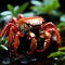 AI generated illustration of a crab perched atop a dark rock formation surrounded by vegetation