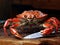 AI generated illustration of A crab perched atop a wooden surface next to a sharp knife