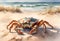 AI generated illustration of a crab perched on sandy beach with clear blue sky overhead