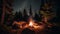 AI generated illustration of a crackling campfire set against a backdrop of towering trees