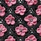 AI generated illustration of a crocheted textile featuring pink flowers against a black background