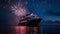 AI-generated illustration of a cruise ship against a backdrop of stunning fireworks