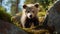 AI generated illustration of a curious brown bear in its natural forest habitat