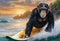 AI generated illustration of a curious monkey riding a surfboard on a sunny day