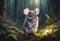 AI generated illustration of a curious mouse playing with a string toy in the forest