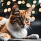 AI generated illustration of a curious orange tabby cat perched in front of a festive Christmas tree