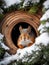 AI generated illustration of a curious squirrel seen standing inside a rustic wooden birdhouse