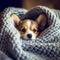 AI generated illustration of a cute Corgi wrapped in a cozy, gray blanket