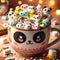 AI generated illustration of cute hot chocolate filled with assorted marshmallows and toppings