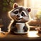 AI generated illustration of A cute  raccoon holding a white teacup with its furry paw