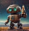 AI-generated illustration of a cute rustic robot lifting a beer bottle