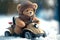 AI generated illustration of a cute teddy bear riding a snowmobile