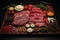 AI generated illustration of a cutting board with a selection of various meats and spices