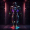 AI generated illustration of a cyborg man with neon glowing armor in dimly lit corridor