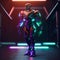 AI generated illustration of a cyborg man with neon glowing armor in dimly lit corridor