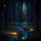 AI generated illustration of a dark forest with magical sparkly lights floating in the air