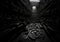 AI generated illustration of a dark hallway with an imposing stairway