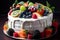 AI generated illustration of a decadent white cake with fresh fruit and berry toppings