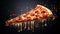 AI generated illustration of a delectable slice of pizza with gooey melted cheese in mid-air