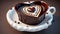 AI-generated illustration of A delicious heart-shaped chocolate pudding served on a white saucer