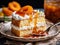 AI generated illustration of a delicious slice of layered apricot cake on a plate with a fork