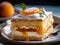 AI generated illustration of a delicious slice of layered apricot cake on a plate with a fork