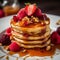 AI generated illustration of a delicious stack of pancakes served with a side of syrup