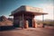 AI-generated illustration of a desert gas station on a sunny day, sunlit landscape background