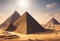 AI generated illustration of a desert landscape featuring ancient pyramids