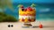 AI generated illustration of a dessert in a glass vase with the beach in the background