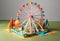 AI generated illustration of a detailed paper model of a classic ferris wheel, with miniature trees