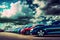 AI generated illustration of different colorful cars parked under a cloudy sky